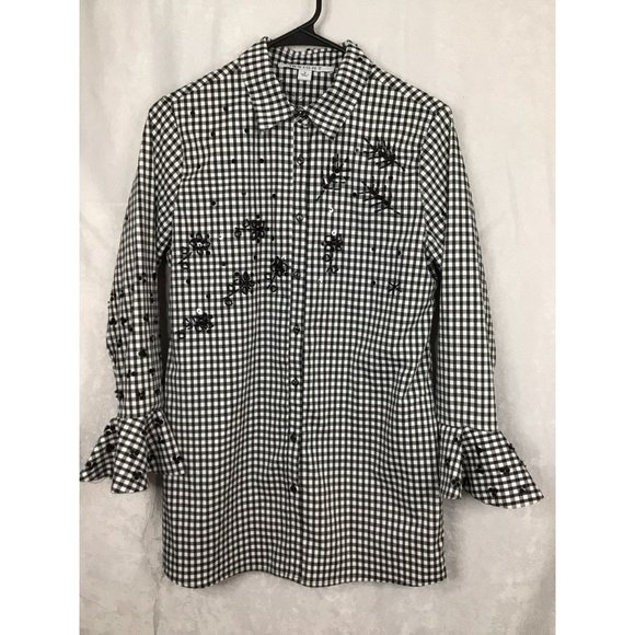 Insight Women's Small Button Down Long Sleeve Checkered Bell Sleeves Embellished - Picture 1 of 11
